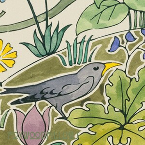 May include: A watercolor painting of a bird with a yellow beak perched on a green leaf. The bird is gray with a black tail and is surrounded by green and yellow foliage.