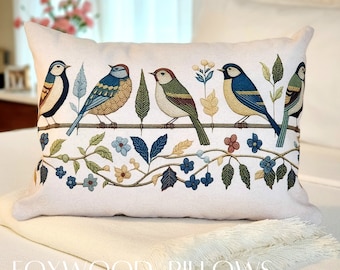 Songbird Lumbar Pillow - CFA Voysey - Lumbar Accent Pillow - Birds on a Branch Pillow - Colorful Birds - Bird Lover Décor - Bird Lover Gift