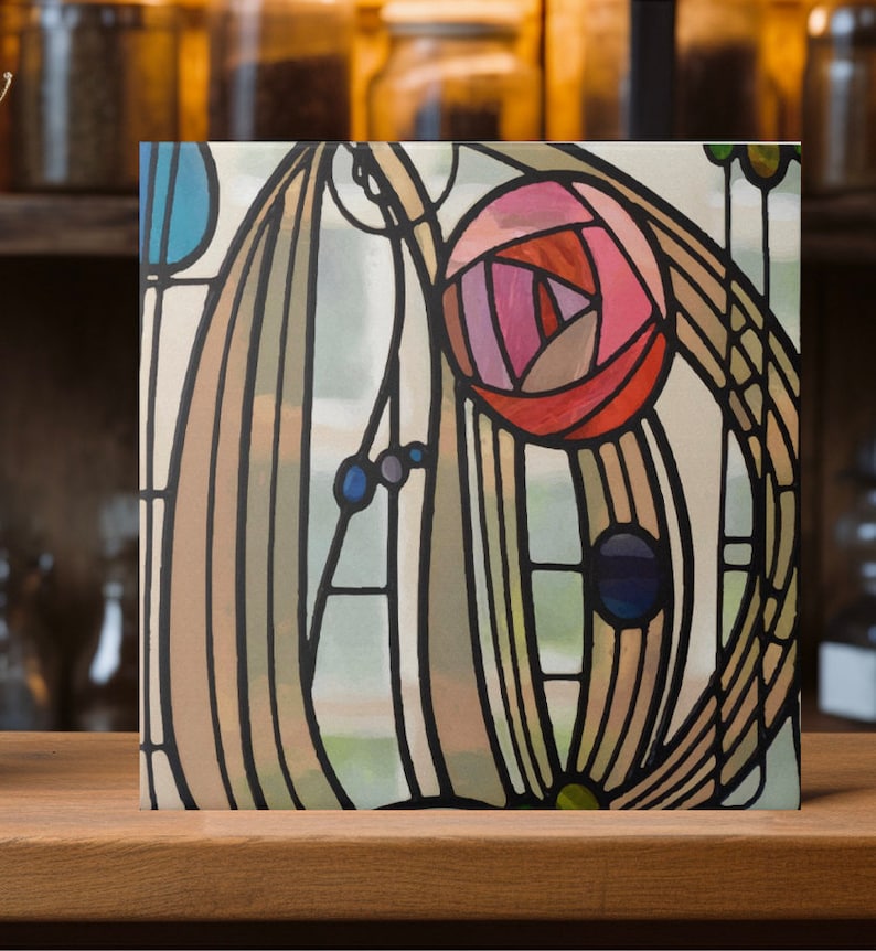 May include: Square artwork featuring a stained-glass style design. The artwork showcases a stylized rose in shades of pink and red, surrounded by flowing lines and geometric shapes in various colors. The piece is set against a light background with black outlines.