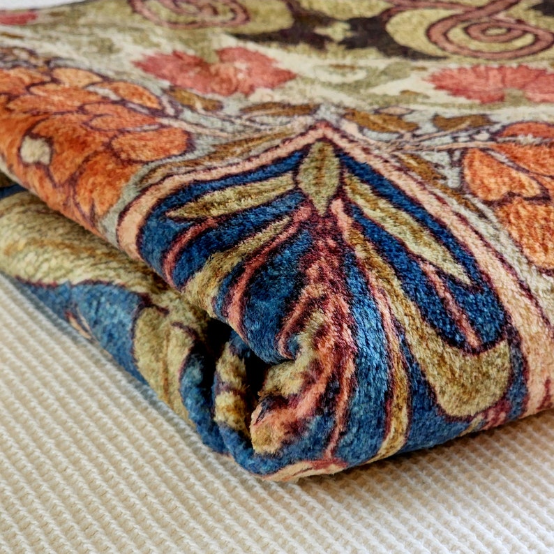 William Morris Blanket, Crushed Velvet, Fig, Leaf, Vine, Craftsman Bungalow, Stickley Home, Arts & Crafts Movement, Floral Blanket, Blue image 7