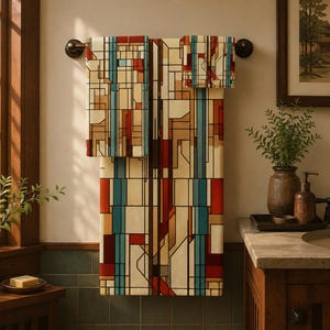 Prairie School Bath Mat & Towel Set: Abstract Bathroom Decor