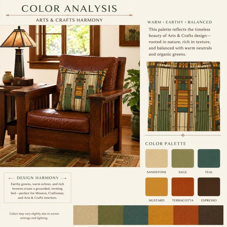 May include: A square throw pillow featuring a geometric pattern in shades of sage green, teal, mustard yellow, terracotta, and espresso brown on a sandstone background, displayed on a brown leather armchair with wooden armrests.