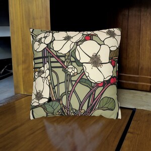 Cojín Art Nouveau con flores blancas, cojín decorativo cuadrado estilo artístico de Glasgow