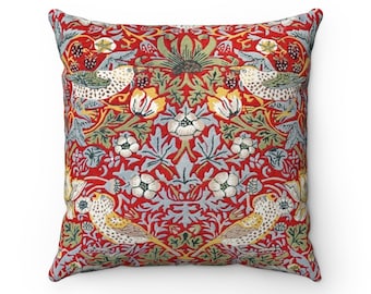 William Morris Strawberry Thief Pillow: Crimson Faux Suede Bird Cushion