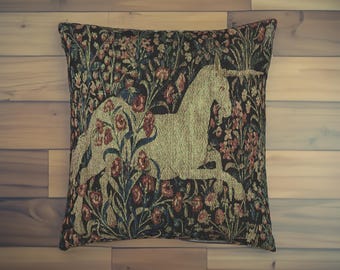 Unicorn Woven Pillow | Floral Tapestry Cushion | Fairy Tale Decor