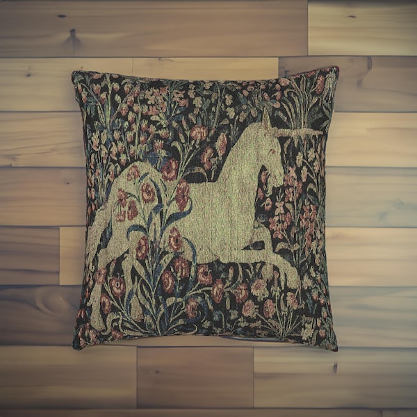 Unicorn Woven Pillow | Floral Tapestry Cushion | Fairy Tale Decor