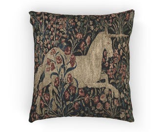 Unicorn Woven Pillow | Floral Tapestry Cushion | Fairy Tale Decor