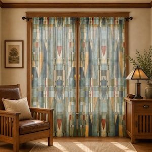 May include: A pair of floor-length curtains featuring a geometric pattern in muted shades of blue, green, tan, and red. The design consists of vertical panels with intersecting lines, rectangles, and triangles, creating a stained glass effect.