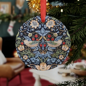 William Morris Arts and Crafts Acrylic Ornament with Ribbon Strawberry Thief Navy