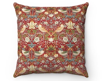Crimson Strawberry Thief Pillow: William Morris Arts & Crafts Decor