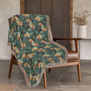 Ginkgo Leaves | Frank Lloyd Wright | Cotton Woven Blanket | Moss Green Arts & Crafts Throw | Prairie Style Decor | Gift for Dad | USA Made