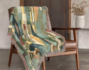 Mid Century Modern Cotton Throw Blanket, Frank Lloyd Wright Style Geometric Woven Decor, Sage Moss Clay Lightweight Craftsman Prairie Style