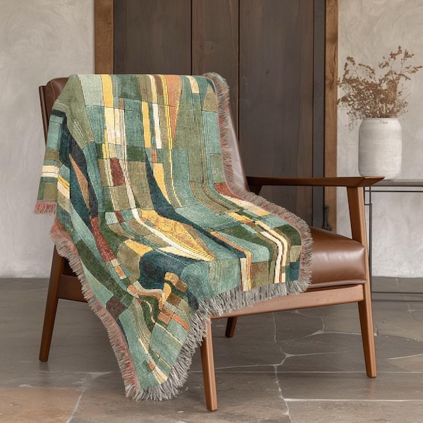 Halverwege de eeuw moderne katoenen deken, Frank Lloyd Wright-stijl geometrisch geweven decor, saliemosklei lichtgewicht ambachtsman prairiestijl