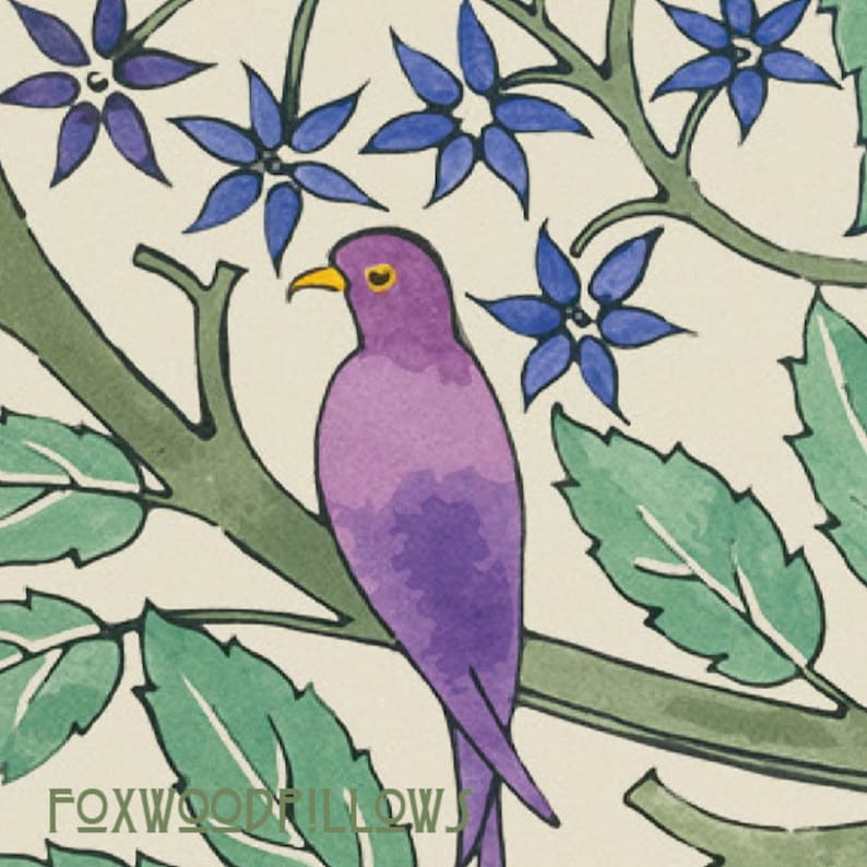 May include: A purple bird with yellow eyes sits on a branch with green leaves and blue flowers. The bird has a long tail and is perched on a branch with green leaves and blue flowers. The background is a light cream color.