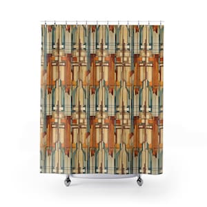 May include: A shower curtain with a geometric pattern in shades of beige, brown, orange, and teal. The design features vertical and horizontal lines creating an abstract, architectural motif. The curtain hangs from a metal rod with chrome-colored rings.