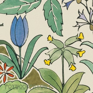 May include: A watercolor illustration of a floral pattern featuring blue, yellow, and green flowers. The flowers are stylized and have a whimsical feel. The background is a light cream color.
