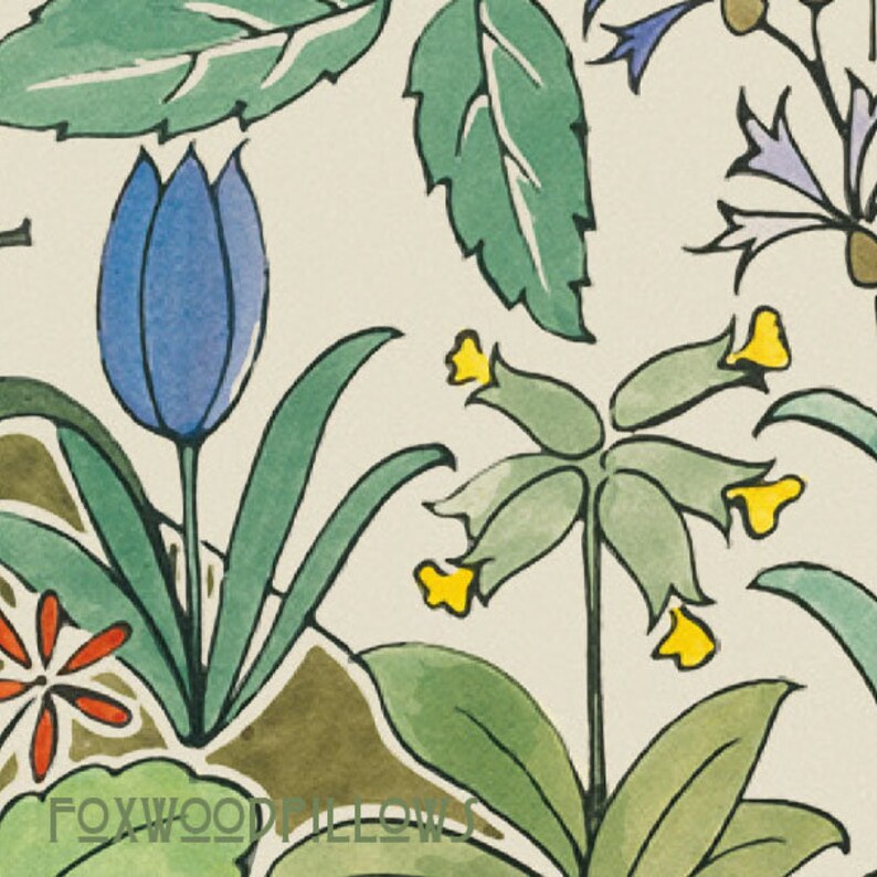 May include: A watercolor illustration of a floral pattern featuring blue, yellow, and green flowers. The flowers are stylized and have a whimsical feel. The background is a light cream color.
