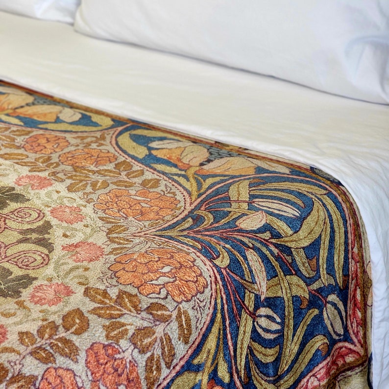 William Morris Blanket, Crushed Velvet, Fig, Leaf, Vine, Craftsman Bungalow, Stickley Home, Arts & Crafts Movement, Floral Blanket, Blue image 3