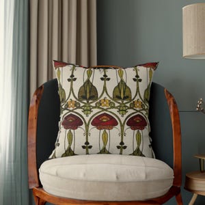 Rennie Mackintosh Pillow, Art Nouveau, Voyage Design, Scottish Design, Belle Epoque, Red, Green Décor, Light Beige Background