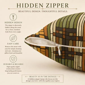 May include: A throw pillow featuring a geometric pattern in shades of green, brown, and cream. The image highlights a hidden zipper along the seam, with text labels explaining the hidden design, easy care, and durable construction of the zipper.