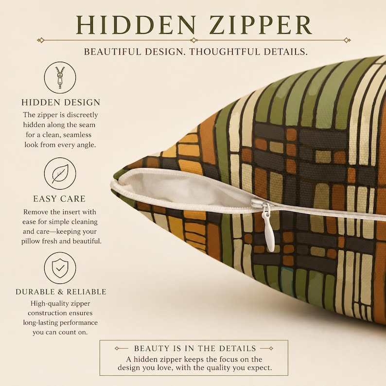 May include: A throw pillow featuring a geometric pattern in shades of green, brown, and cream. The image highlights a hidden zipper along the seam, with text labels explaining the hidden design, easy care, and durable construction of the zipper.