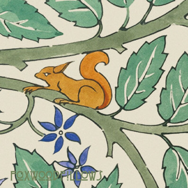 May include: A watercolor illustration of a squirrel sitting on a branch with green leaves and blue flowers. The squirrel is orange and brown with a bushy tail. The background is white.