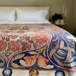 William Morris Blanket, Crushed Velvet, Fig, Leaf, Vine, Craftsman Bungalow, Stickley Home, Arts & Crafts Movement, Floral Blanket, Blue image 2