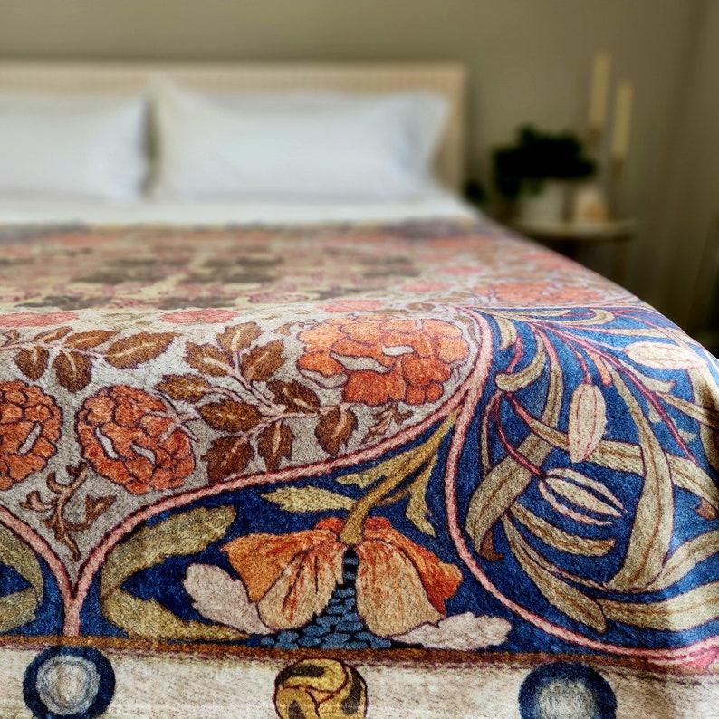 William Morris Blanket, Crushed Velvet, Fig, Leaf, Vine, Craftsman Bungalow, Stickley Home, Arts & Crafts Movement, Floral Blanket, Blue image 2
