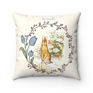Peter Rabbit Pillow, Personalized Easter Gift, Monogram Easter,  Beatrix Potter, Rabbit Gift, Tulip Wreath Decor, Peter Rabbit, Rabbit Decor