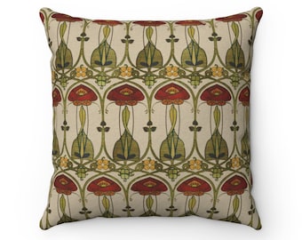 Charles Rennie Mackintosh, Voyage Design, Red and Green Decor, Scottish Decor, Scottish Art, Art From Scotland, Tulip Pillow, Floral Pillow