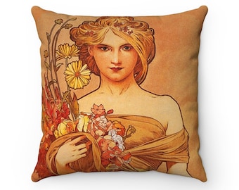Art Nouveau Faux Suede Pillow: Alphonse Mucha Women Art Cushion