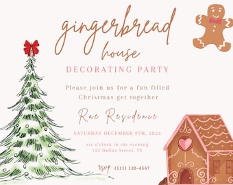 Könnte beinhalten: Eine festliche Einladung zu einer Lebkuchenhaus-Dekorationsparty. Das Design zeigt einen Aquarell-Weihnachtsbaum mit roter Schleife, einen Lebkuchenmann und ein Lebkuchenhaus. Der Text enthält Datum, Uhrzeit und Ort.