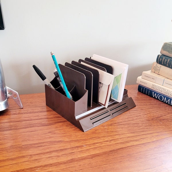 Desk Organizer, Brown Plastic, File Holder, Pens, Letters, Mail Holders, Photos, Vintage Caddy, Action Indust., Max Klein Style, Desk Top