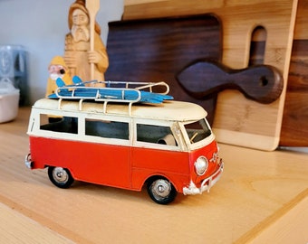 Replica Camper Van, 1960s Era, California Dreaming, Surfer's Van, Beach Bus, Cream & Red, 2 Blue Surfboards, Painted Tin, Shelf Decor