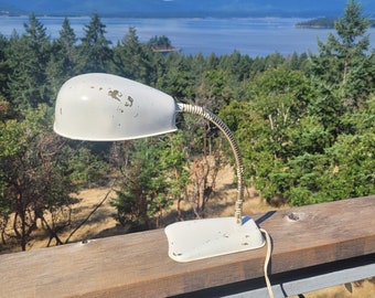 Desk Lamp, Cobra Style Shade, Greta Magnussen Grossman, Vintage, Painted White on Gold Metal, Chrome Gooseneck, Chippy, 1960s