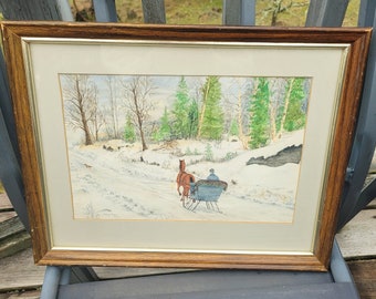 Folk Art Watercolor, Winter Scene, Horse Drawn Carriage, Sleigh Ride, Vintage Drawing, Signed 'Mary Platt', Wood Frame, Green Trees & Snow