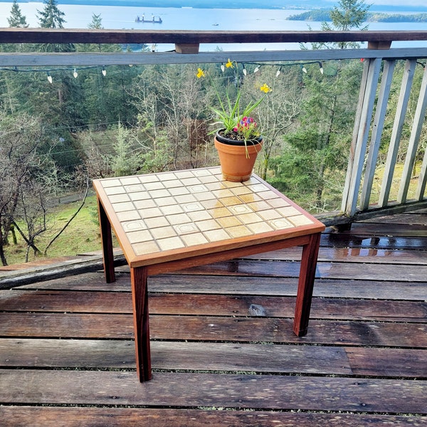 Danish Modern Teak Tiled Side Table, Gangso Mobler, Vintage, Coffee & End Table, Midcentury, Rosewood, Roger Capron Style, Beige Tiles