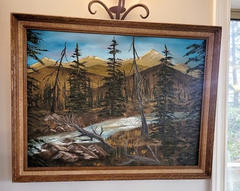 Large Oil Painting, Scenic, Mountains & Stream, Moody Details, Signed J Shaw 1981, Carved Wood Frame, Canvas Mat