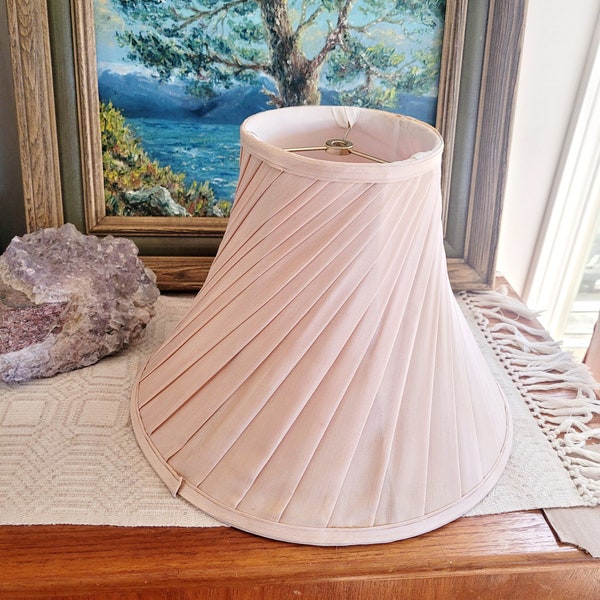 Pleated Twist Lampshade, Off Rose Pink, Linen Fabric, Vintage Art Deco Lamp Shade, Bell Style, 10 1/2 Inch Tall, Retro Lighting