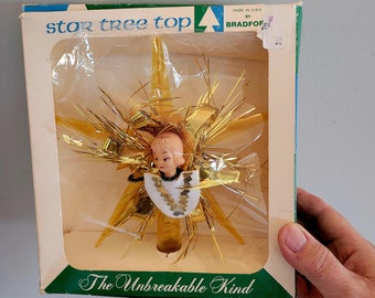 Angel Christmas Tree Topper, NOT Illuminated, Bradford, Plastic, Gold Reflectors, Tinsel, One Sided, Cute Angel, Original Box