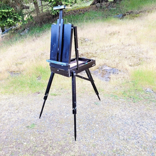Portable French Easel, Vintage Plein Air Painting Easel, Wood, Storage Drawer, Adjustable, Silver Fittings, Travel Easel, Black