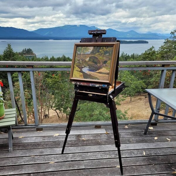 Vintage Portable French Easel, Traveling Easel, Plein Air Painting, Lacquered Wood, Storage Drawer, Metal Fittings,Black Brown, Studio Decor