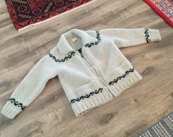 Vintage Wool Sweater, Hand Knit, Cardigan, Fish Design, Gray, Woman's S