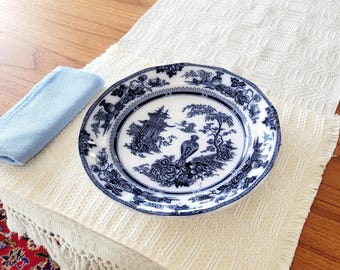 W Adams & Sons Flow Blue "Jeddo" Plate, Cobalt Blue Chinoiserie Antique Ironstone, 10 1/2"