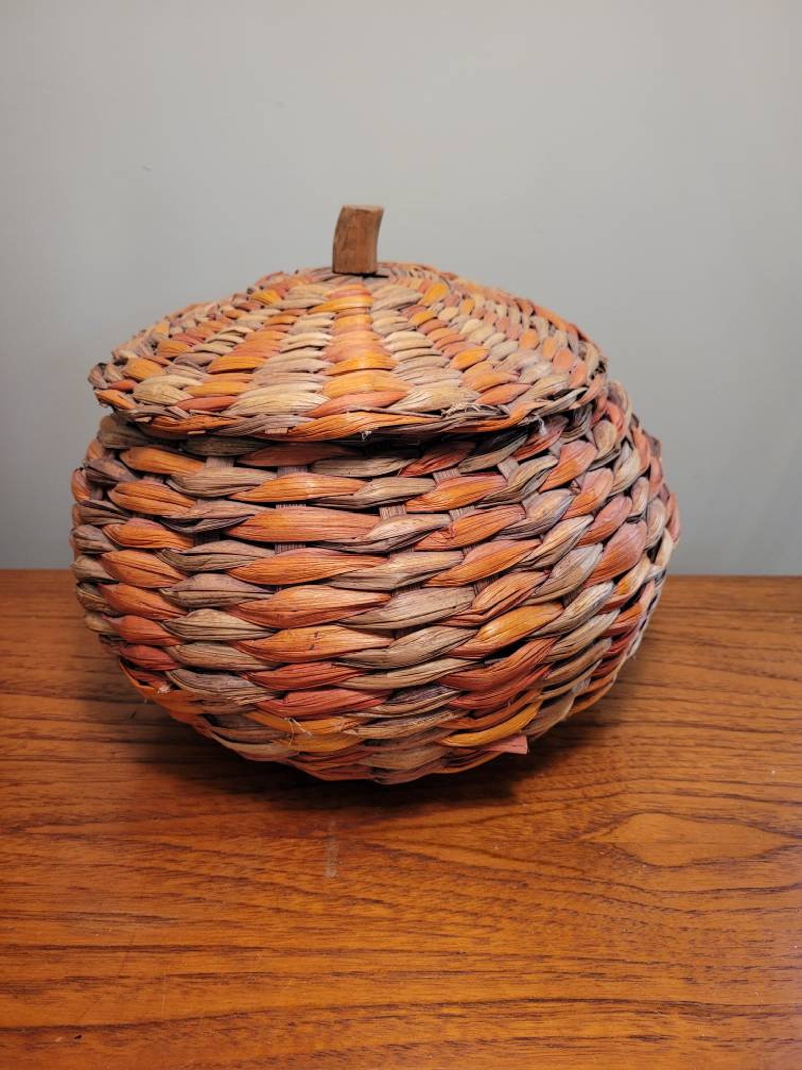 Vintage Wicker Pumpkin Basket With lid Hallowen Decor Etsy