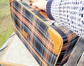 Travel Luggage, Plaid, Vintage Suitcase, Leather Edging & Handle, Black Orange Tartan, Home Decor, Set Prop, Photo Shoot, Green Interior Travel Luggage, Plaid, Vintage Suitcase, Leather Edging & Handle, Black Orange Tartan, Home Decor, Set Prop, Photo Shoot, Green Interior