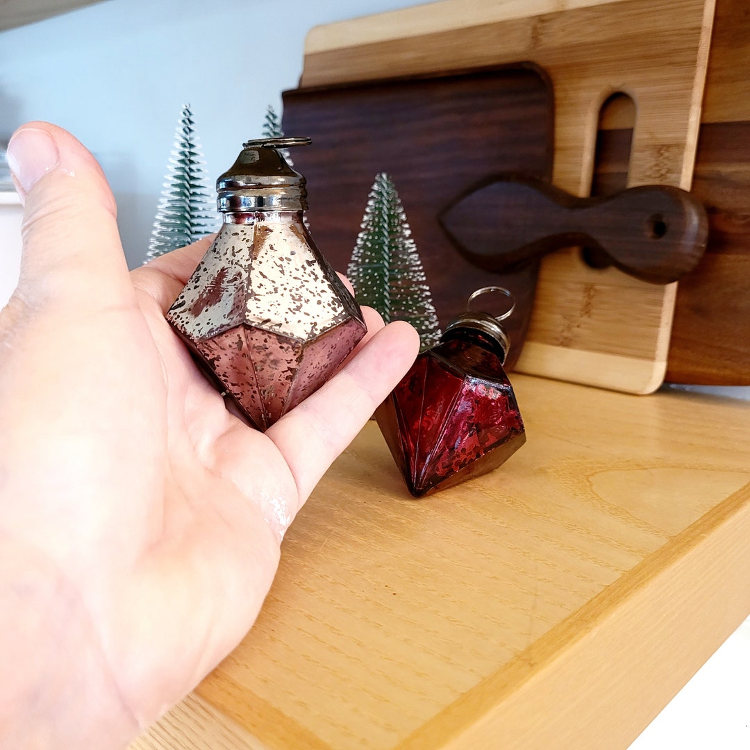 Christmas Kugel Ornaments, Pair, Vintage Thick Glass Bulb, Double Hexagonal Shape, Red, Silver ...
