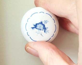 Vintage Porcelain Drawer Pull, Blue Floral Cabinet Knob, Delft Style, 9 Available