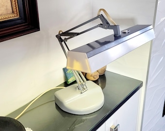 Lampa biurkowa fluorescencyjna Vintage Luxo, przegubowa, kreślarska, z ramieniem obrotowym, ciężka podstawa