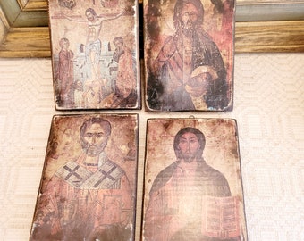 Wood Icons, Vintage Orthodox Icons, 4 Styles, Wood Base, Wax Prints, Made in Cyprus, Burnt Wood, Christian, Religious, Sold Separately, 1974